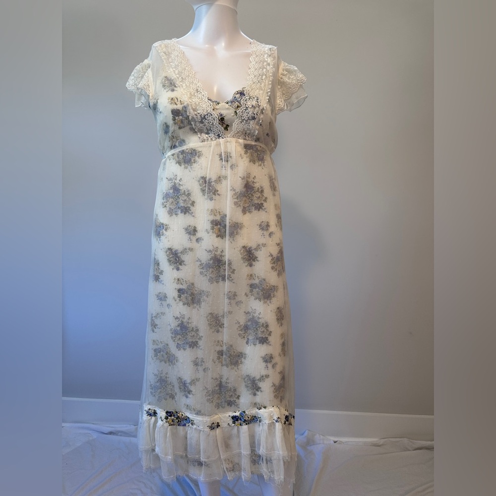 Ivory Floral Lace-Trim Maxi Dress with Blue Accents